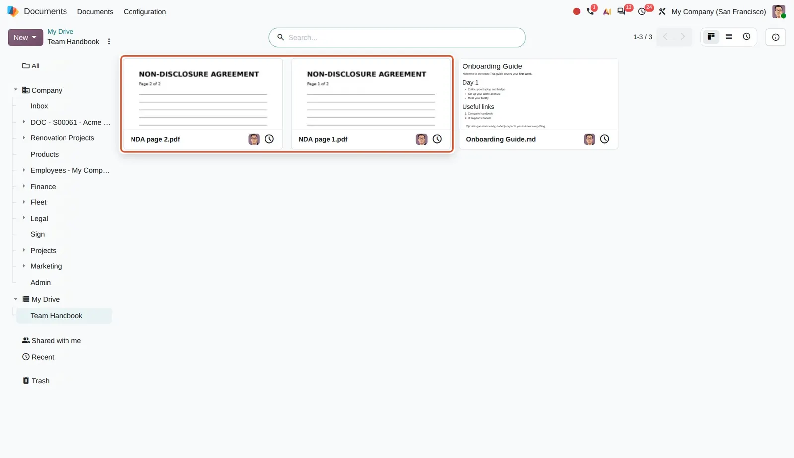 Odoo 20 Multi-file document request: Both files came from the single "Signed NDA" request, uploaded together in one go.