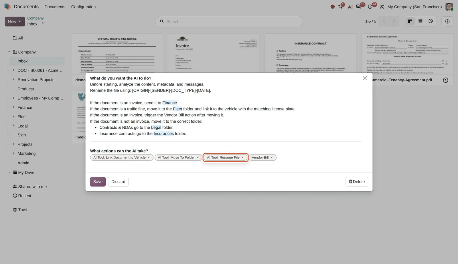 Odoo 20 Rename files with AI: "AI Tool: Rename File" lets the AI rename files using the rule written in the prompt above.