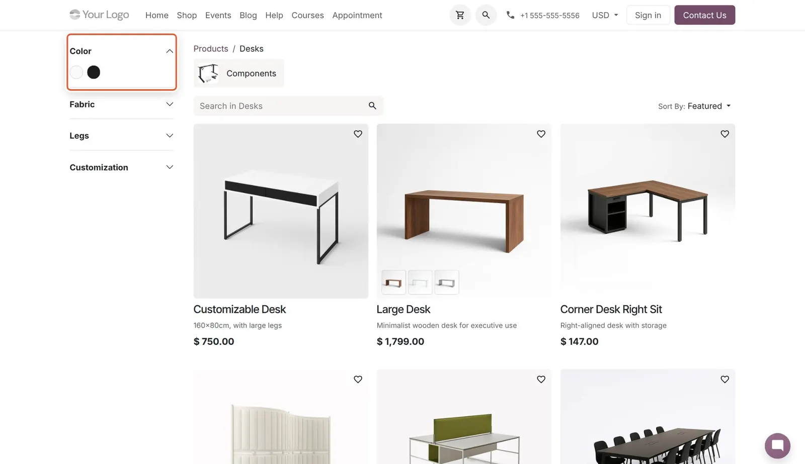 Odoo 20 Attribute filters: In the Desks category the Color filter only offers the values used by desks.