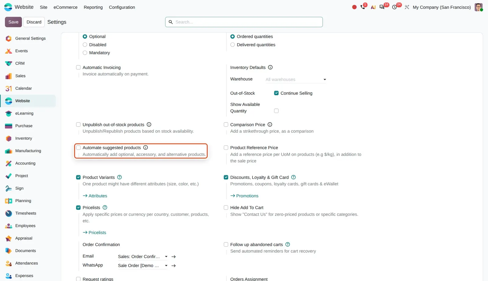 Odoo 20 Automated cross-sell suggestions: The new "Automate suggested products" setting.