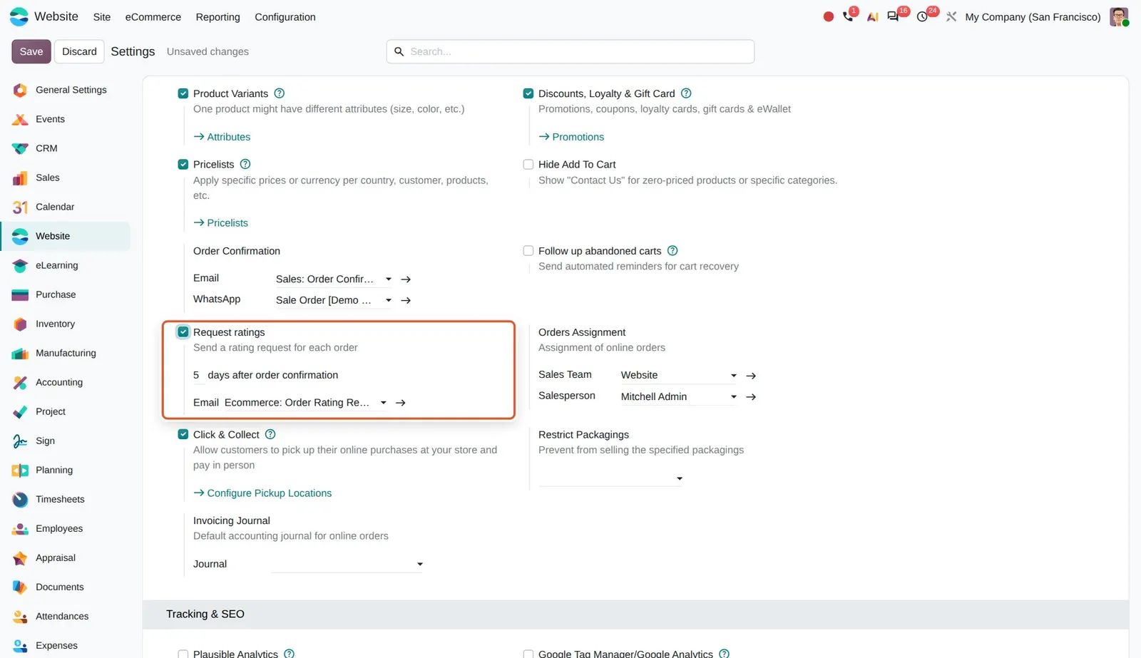 Odoo 20 Automated review requests: "Request ratings" with the delay in days after order confirmation and the email template.