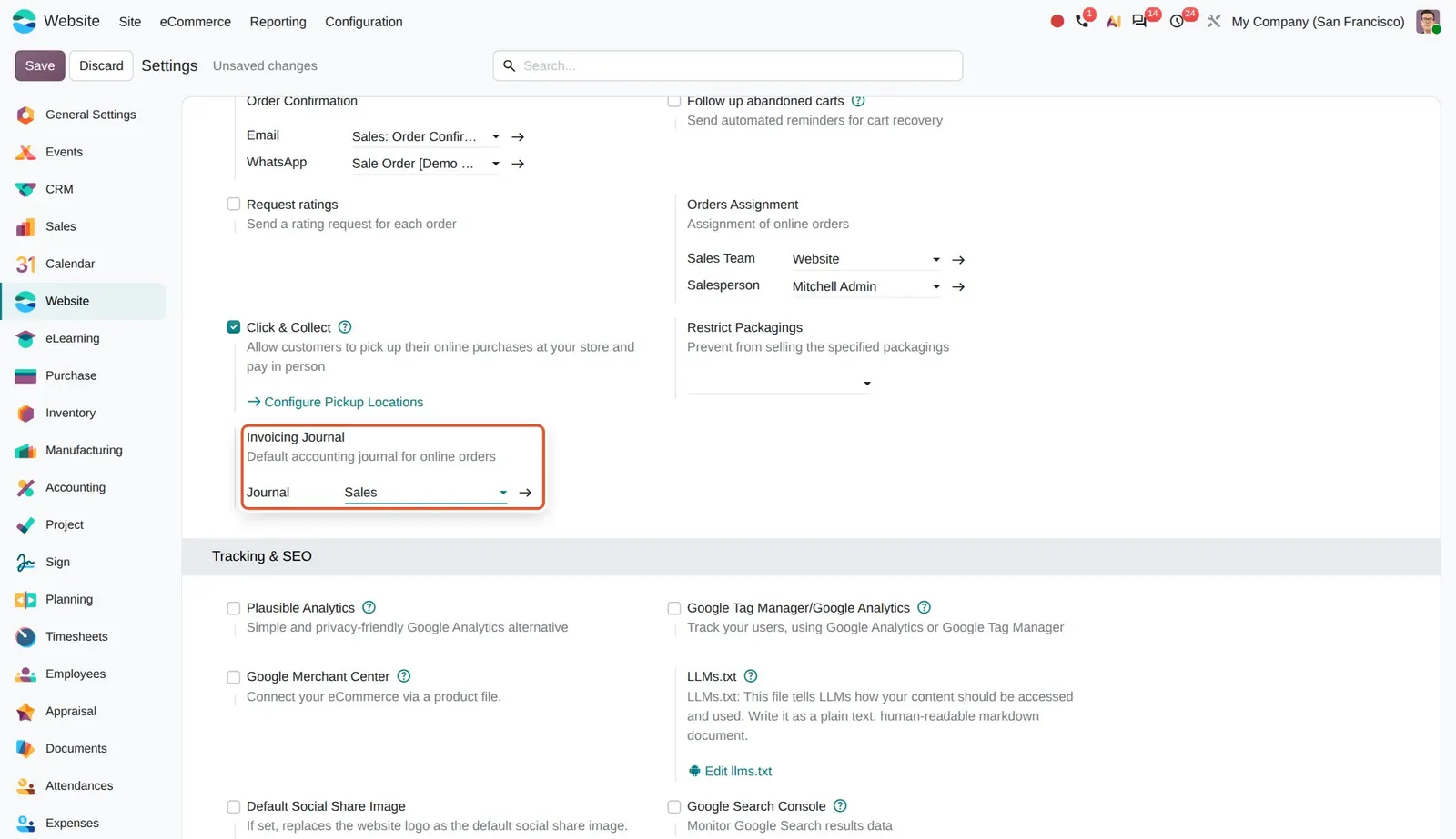 Odoo 20 Default journal for eCommerce orders: The new "Invoicing Journal" setting (value picked for the capture, not saved).