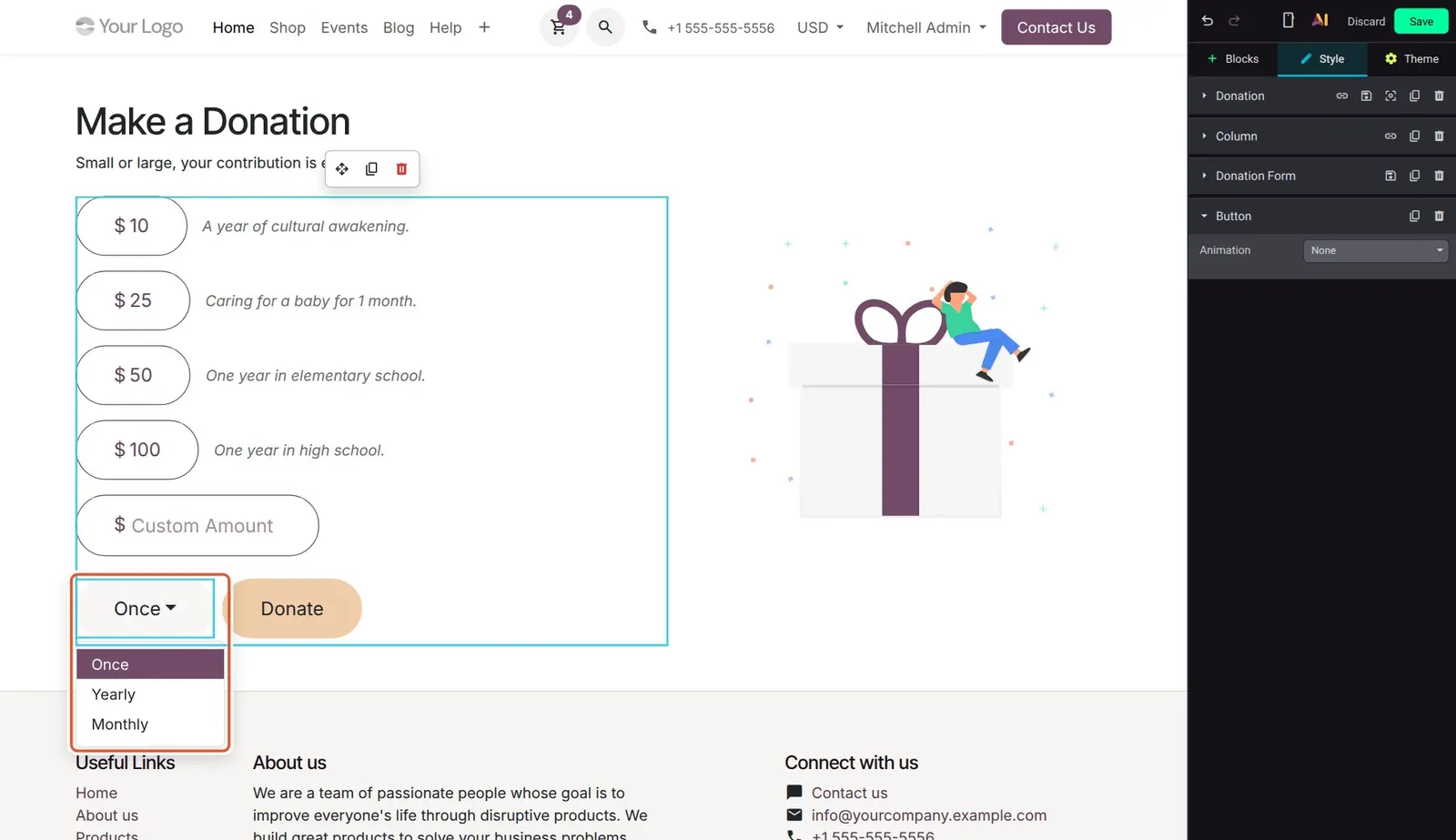 Odoo 20 Donations: The Donation block with its new recurrence choice: Once, Yearly or Monthly.