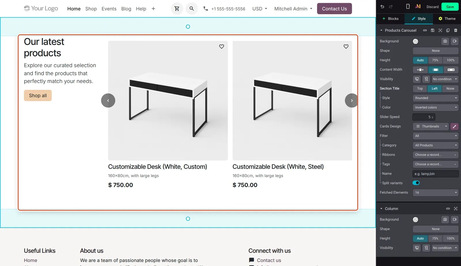 Odoo 20 Dynamic product building block: Product carousel with the section title placed on the left (Section Title: Left).