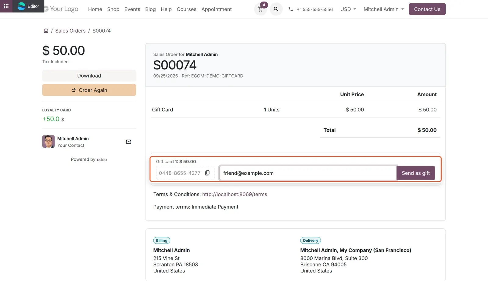 Odoo 20 Email gift card directly to recipient: The purchased gift card with the recipient email field and the "Send as gift" button.