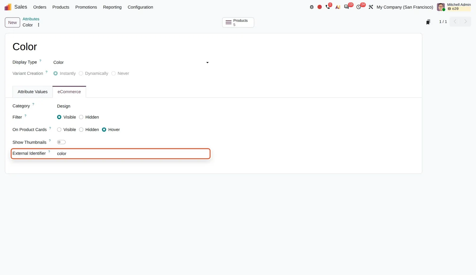 Odoo 20 External identifiers: The new External Identifier field, here "color" on the Color attribute.