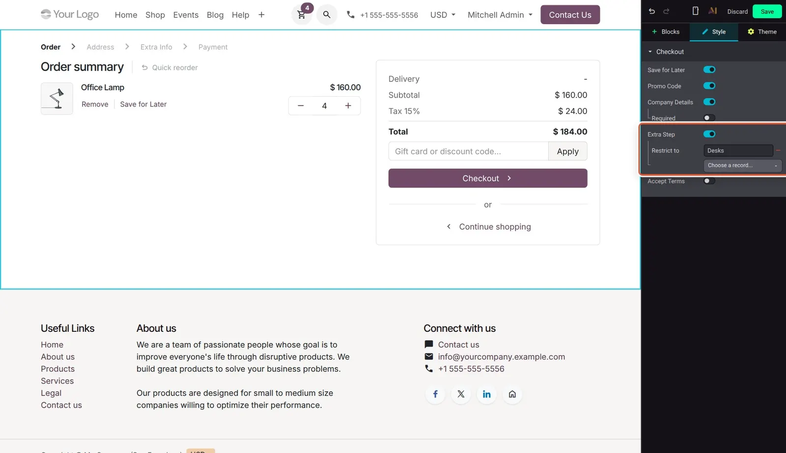 Odoo 20 Extra step granularity: Extra Step turned on and restricted to the Desks category.