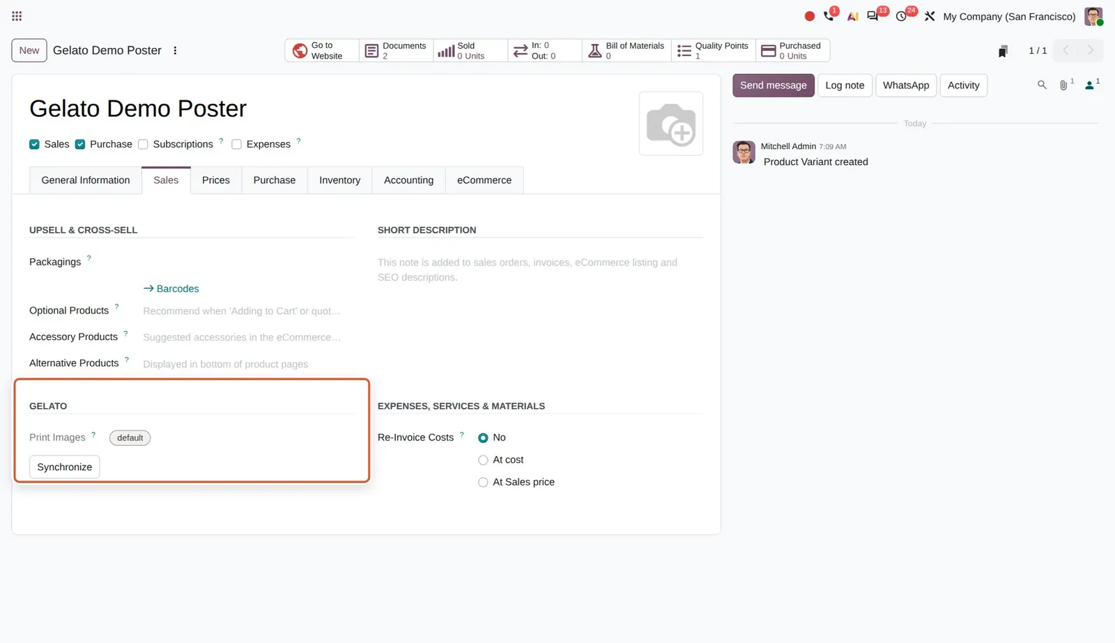 Odoo 20 Gelato: variant images: Gelato section of a variant with its own print image placement and the Synchronize button.