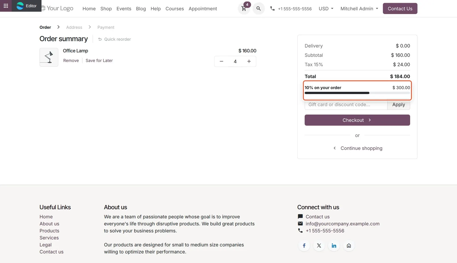 Odoo 20 Loyalty progress bar: Progress bar towards the $300 needed for the promotion.