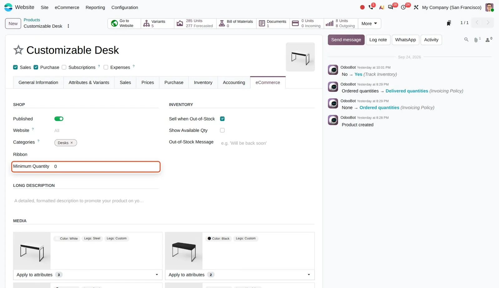 Odoo 20 Minimum product quantity: The new Minimum Quantity field in the Shop section of the product.