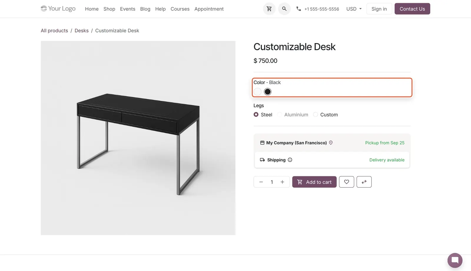 Odoo 20 Open attribute value on search: The product opens with Color Black preselected, taken from the search words.