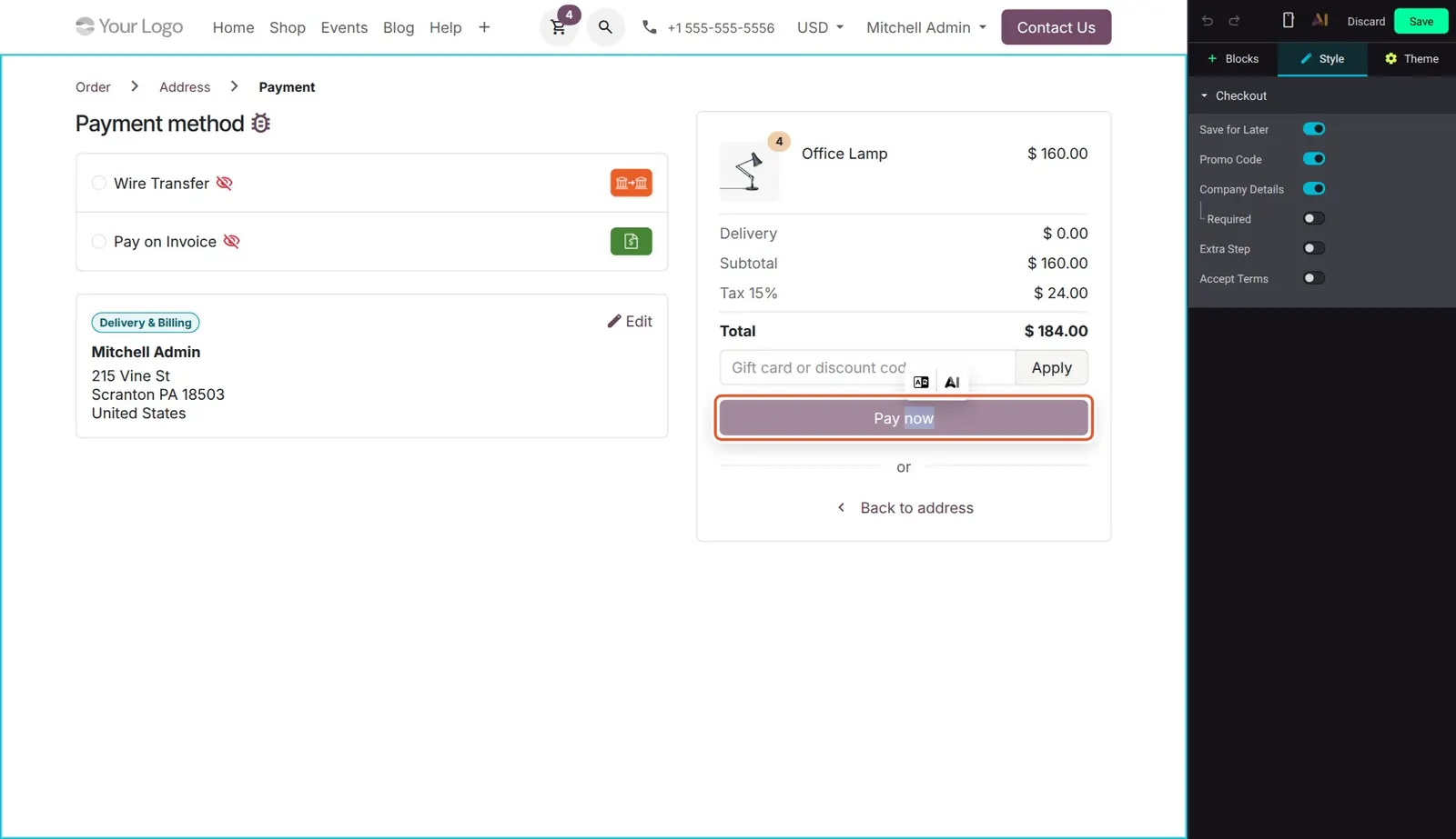 Odoo 20 Pay Now button: The Pay now label selected as editable text in the website editor.