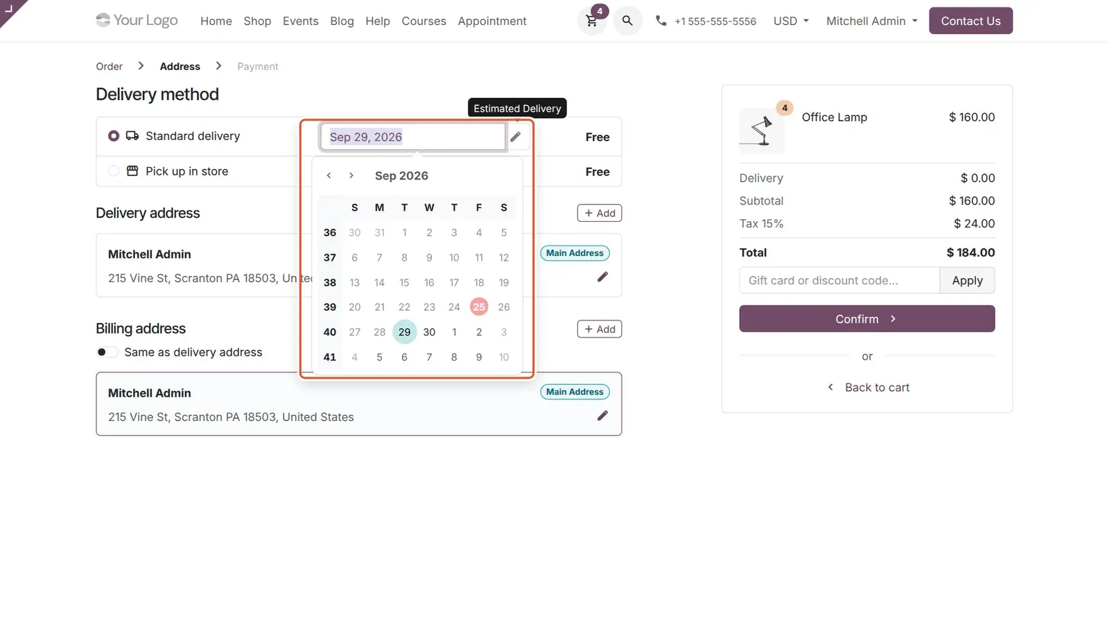 Odoo 20 Preferred delivery date: Standard delivery with its date picker; only allowed working days can be chosen.