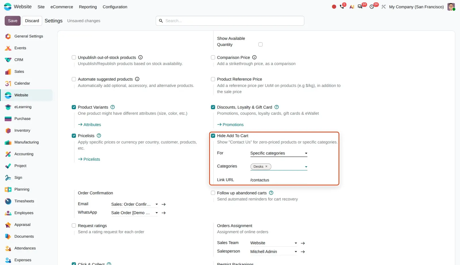 Odoo 20 Prevent sales by category: "Hide Add To Cart" set for specific categories (Desks), with the Contact Us link URL. Not saved.