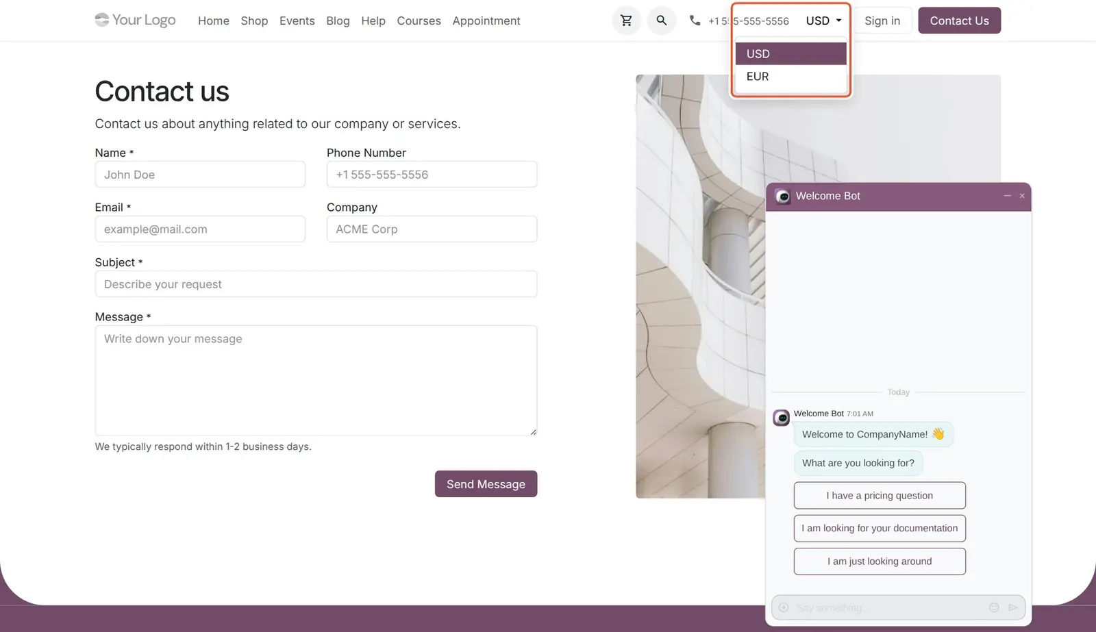 Odoo 20 Pricelist selector: The pricelist selector open in the header of the Contact us page.