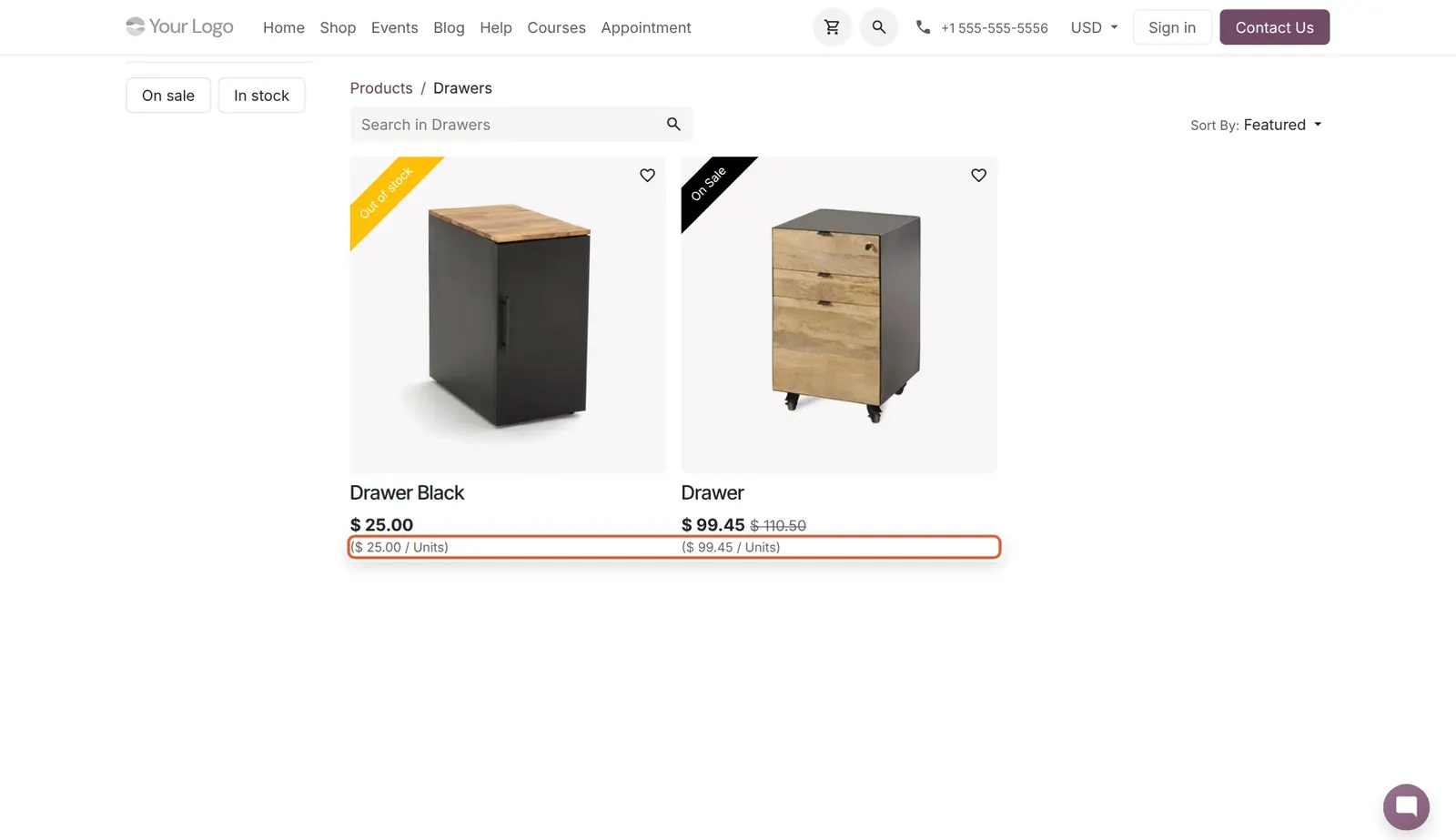 Odoo 20 Product reference price: Reference prices shown under the prices on the shop product cards.