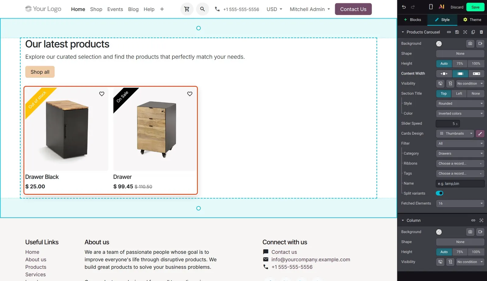 Odoo 20 Product features: Product cards in the carousel with ribbons (Out of stock, On Sale) and the struck through comparison price.