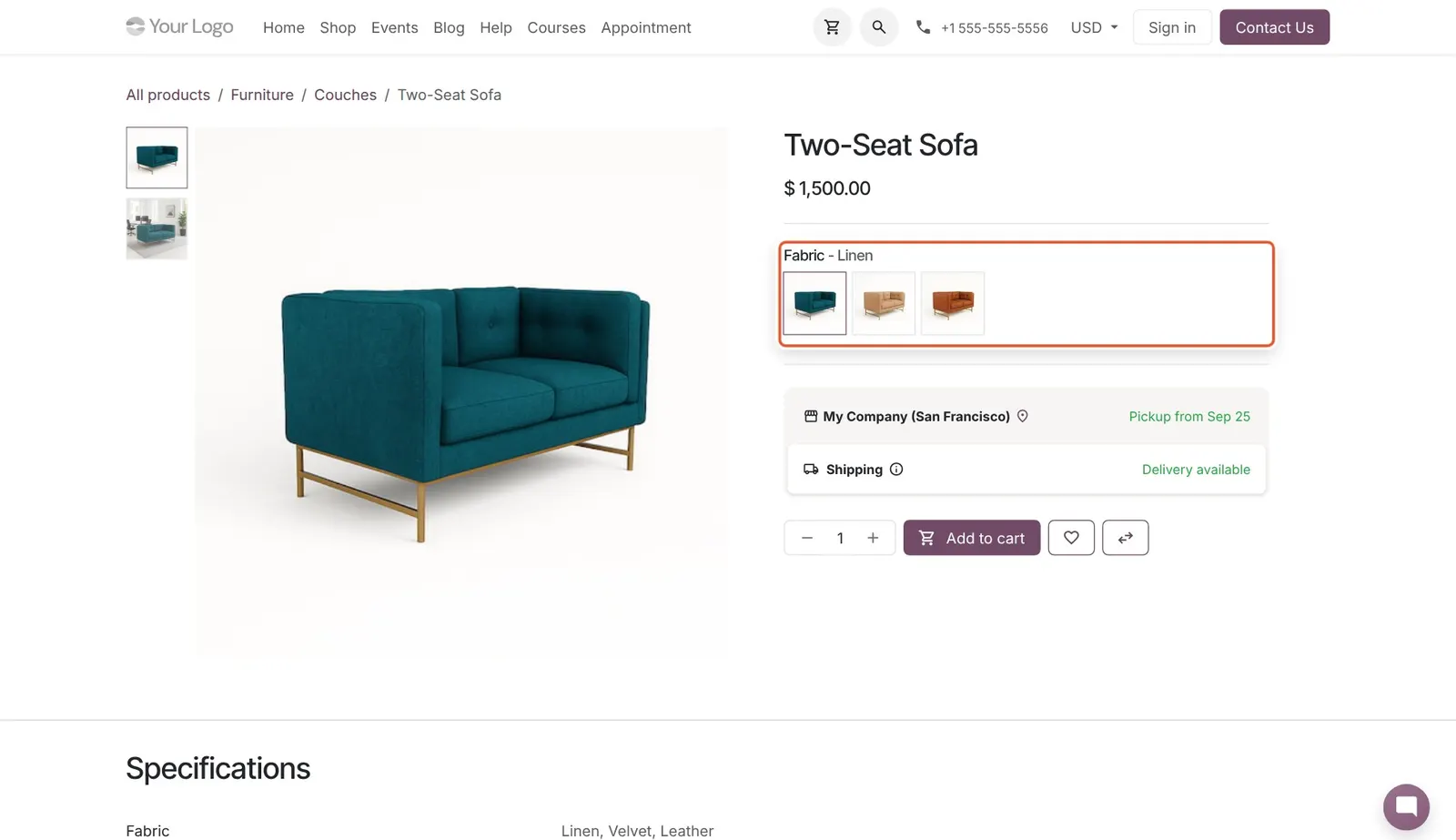 Odoo 20 Product variant thumbnails: The Fabric attribute shown as variant picture thumbnails on the product page.