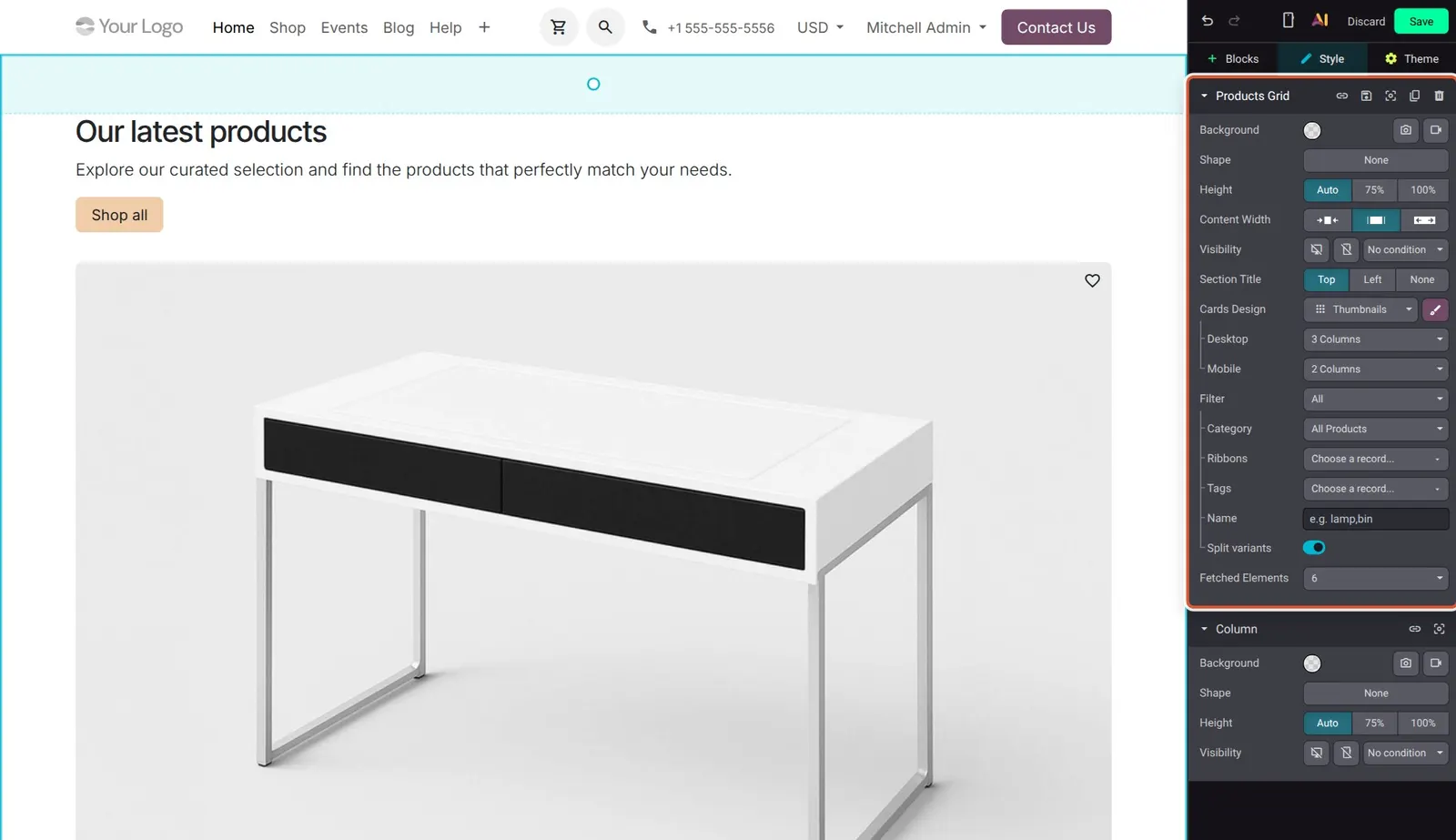 Odoo 20 Products grid building block: Options of the new Products Grid block, with Desktop 3 Columns and Mobile 2 Columns.