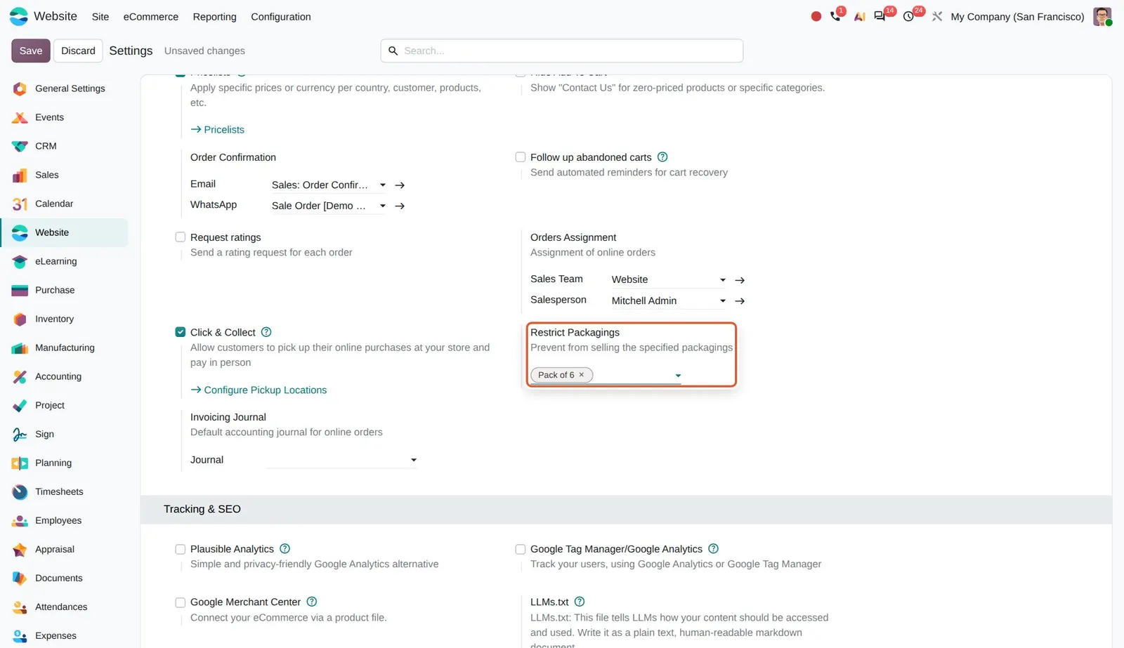 Odoo 20 Restrict packagings per website: "Restrict Packagings" with Pack of 6 selected (not saved).