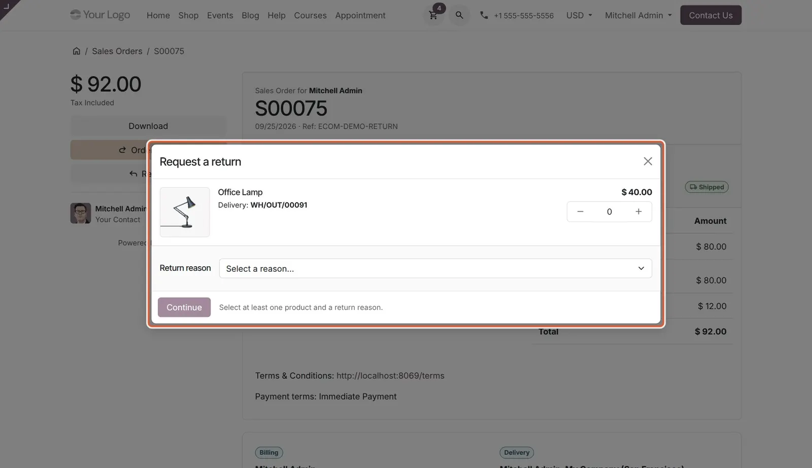 Odoo 20 Return management: The "Request a return" dialog with quantity and return reason.