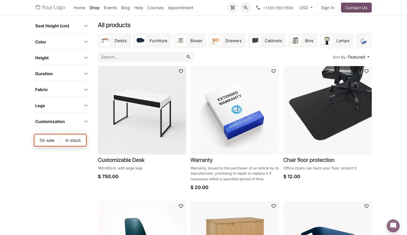 Odoo 20 Ribbon filters: The new "On sale" and "In stock" filter pills in the shop sidebar.