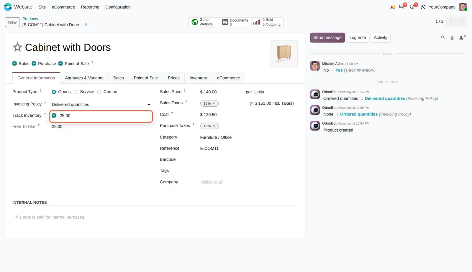 Odoo 20 Simplified inventory management: With Inventory not installed, the product still has a Track Inventory box and one on hand quantity field you can type into directly, no transfer needed.