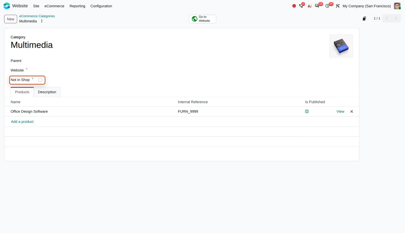 Odoo 20 Standalone categories: The new "Not in Shop" option on an eCommerce category.