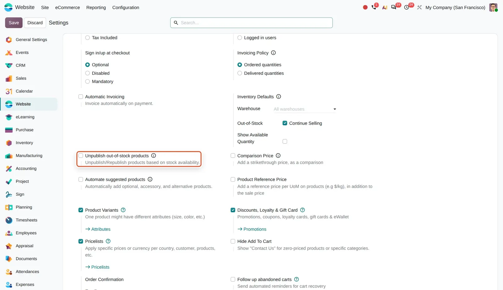 Odoo 20 Stock-based product publishing: The new "Unpublish out-of-stock products" setting.