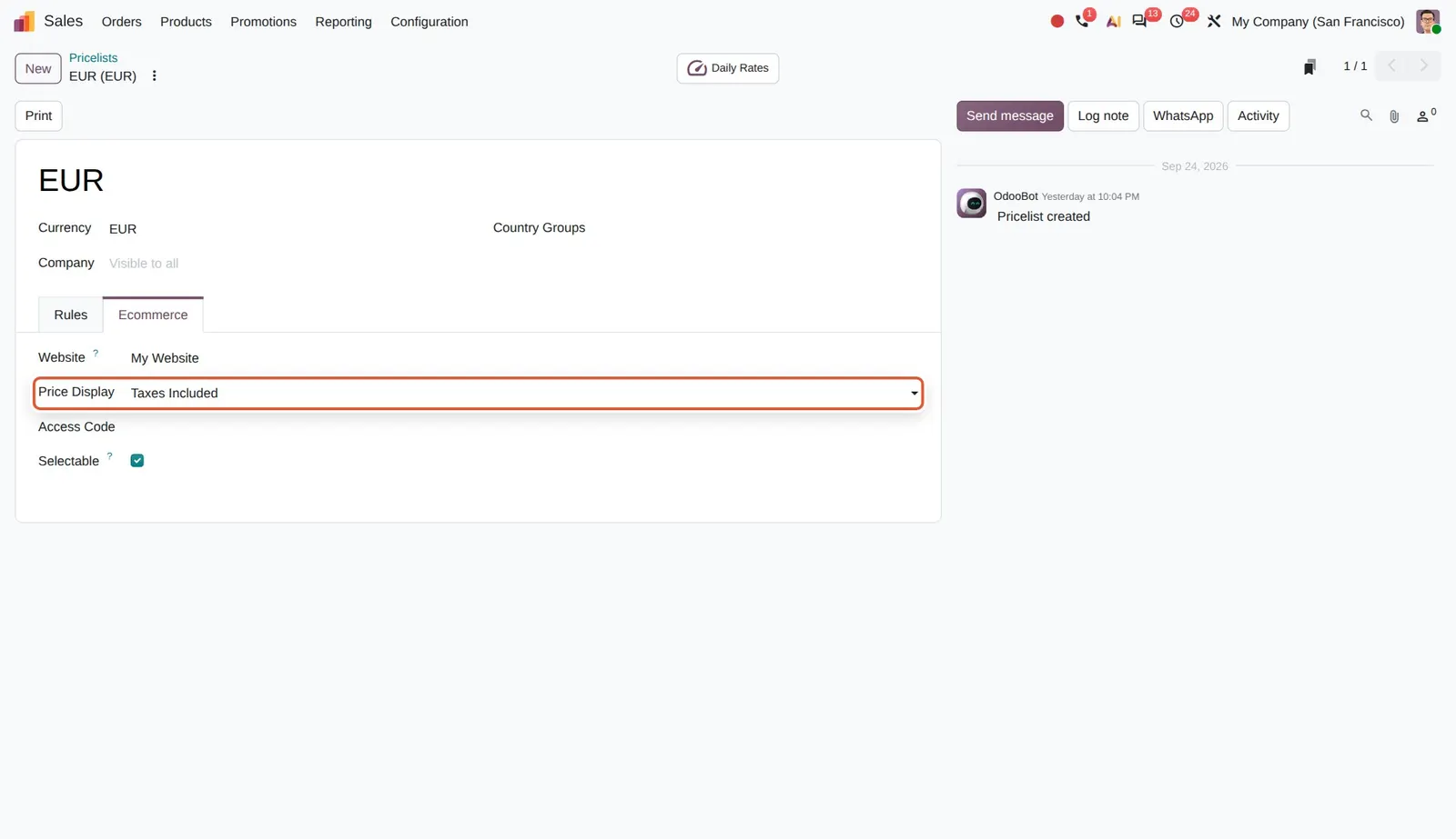 Odoo 20 Taxes included/excluded price display: The new Price Display field on a pricelist, set to Taxes Included.