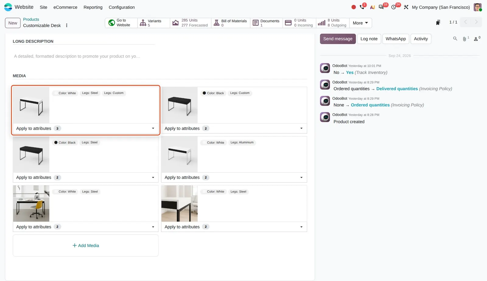 Odoo 20 Variant image management: A media card with the attribute values it applies to and the "Apply to attributes" selector.