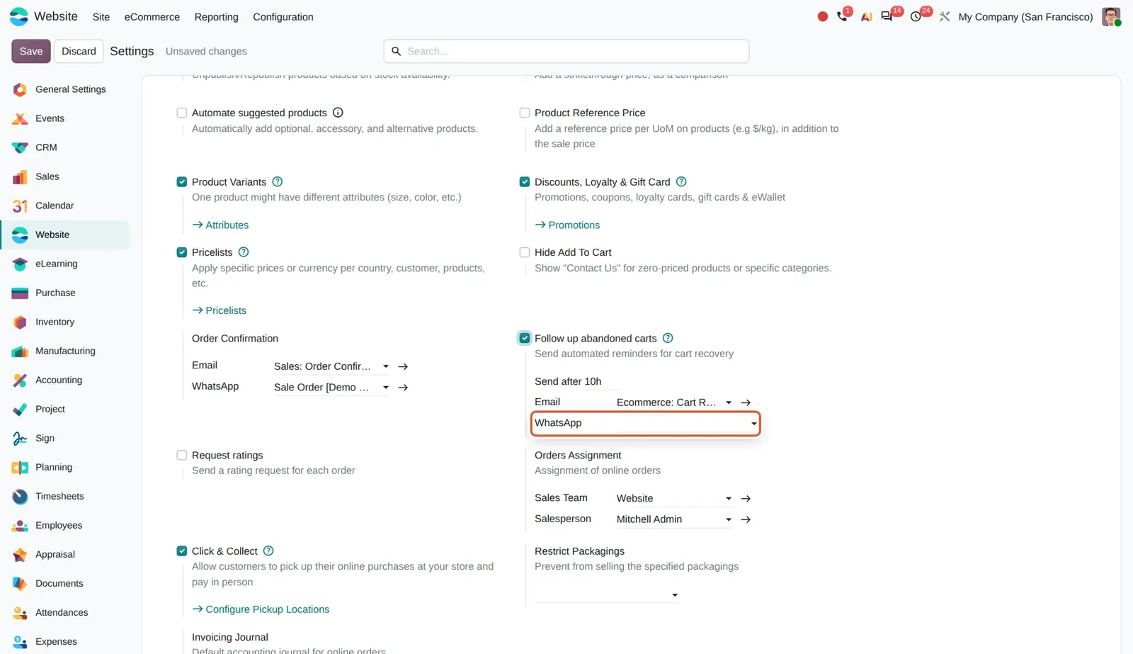 Odoo 20 WhatsApp abandoned cart follow-up: The WhatsApp template field under "Follow up abandoned carts".