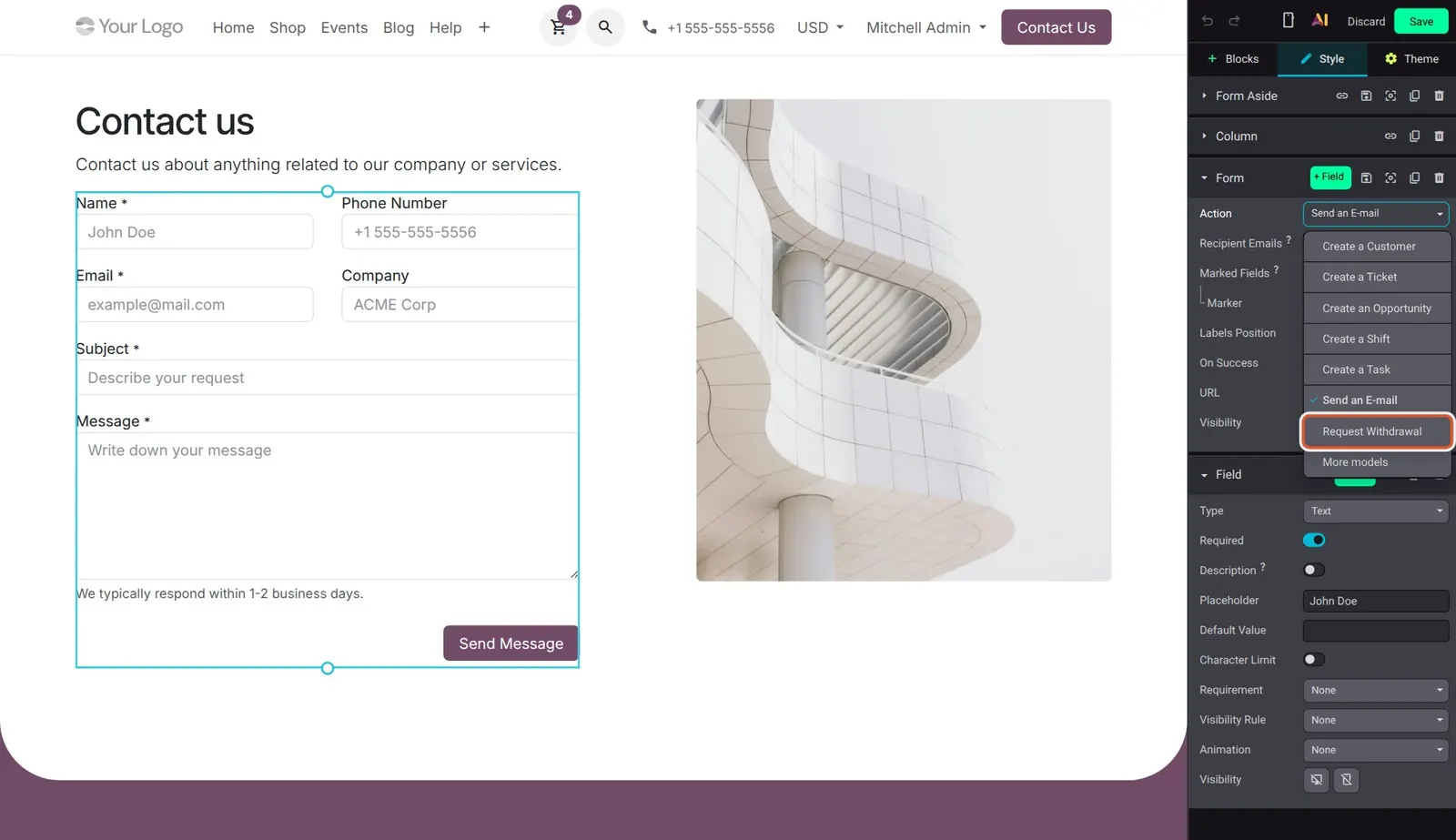 Odoo 20 Withdrawal requests: The new "Request Withdrawal" choice in the form Action list.