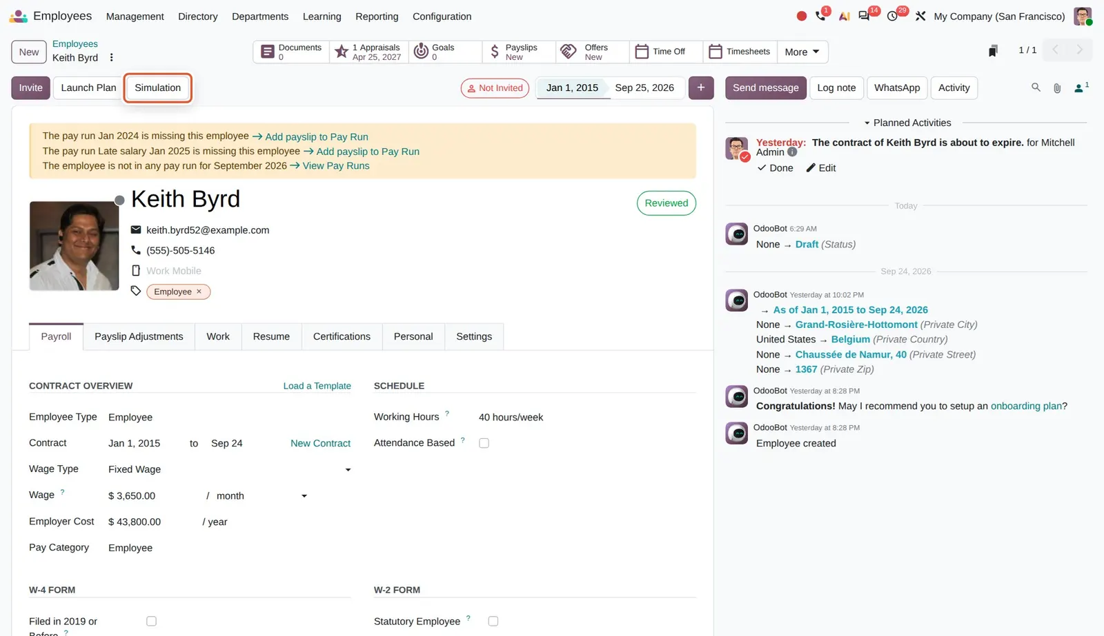 Odoo 20 Salary simulation: The new Simulation button in the employee header opens the salary simulator pre-filled with this employee's data.