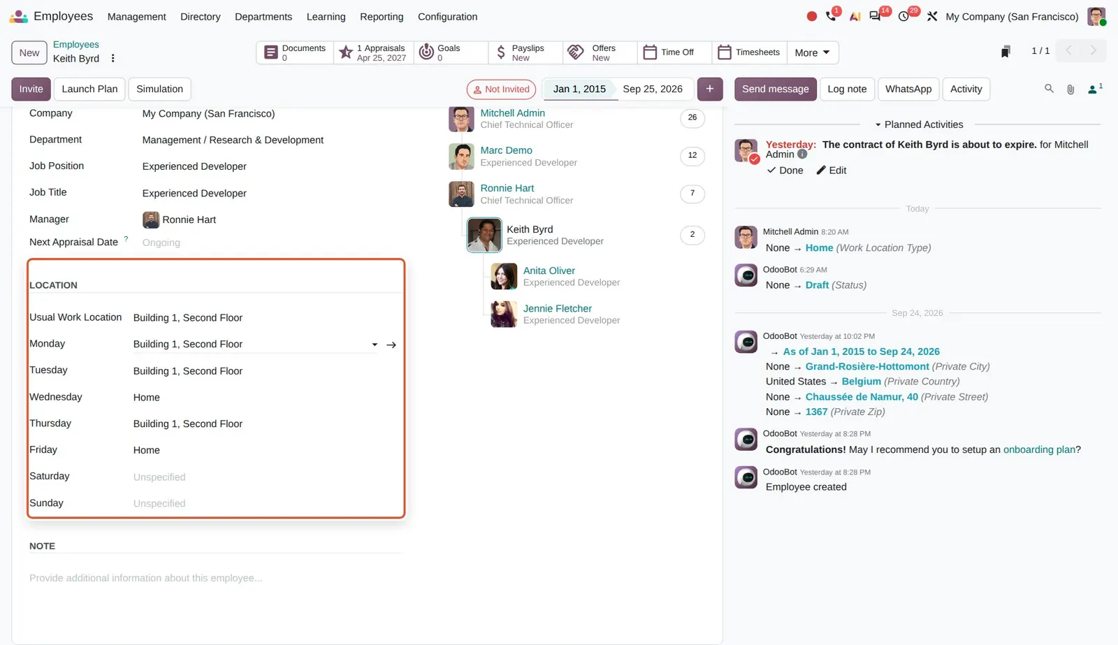 Odoo 20 Remote Work: The Location group now holds the former Remote Work fields: a usual work location and a location for each day of the week.