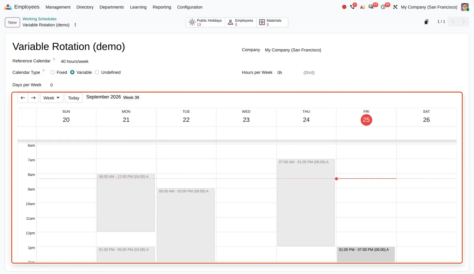 Odoo 20 Variable working schedule: A schedule of type Variable: the work periods are encoded on specific dates in a week calendar, with different hours each day.