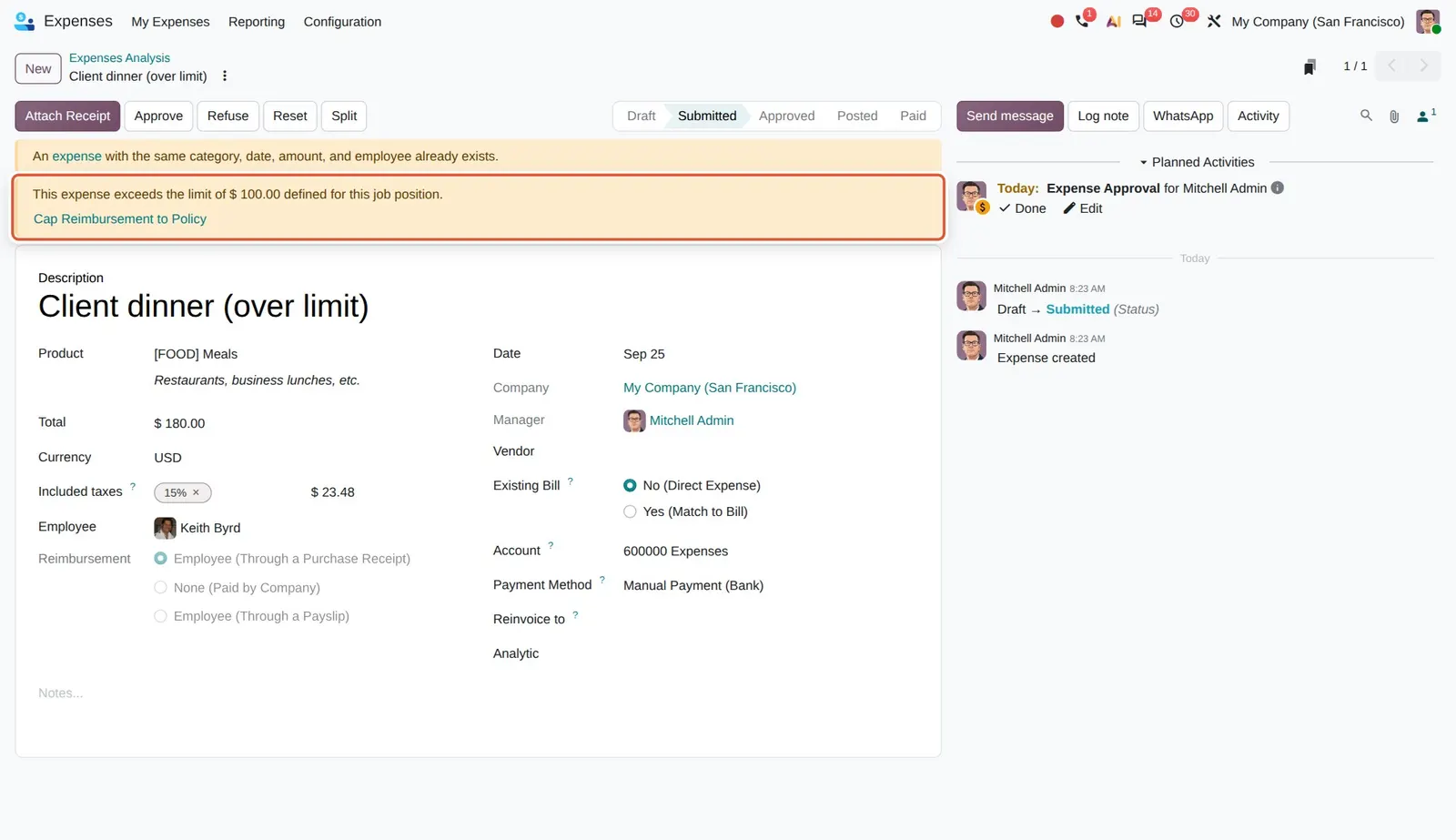 Odoo 20 Expense limits per job position: The approver sees that this expense is over the 100.00 limit for the job position, with the Cap Reimbursement to Policy button.