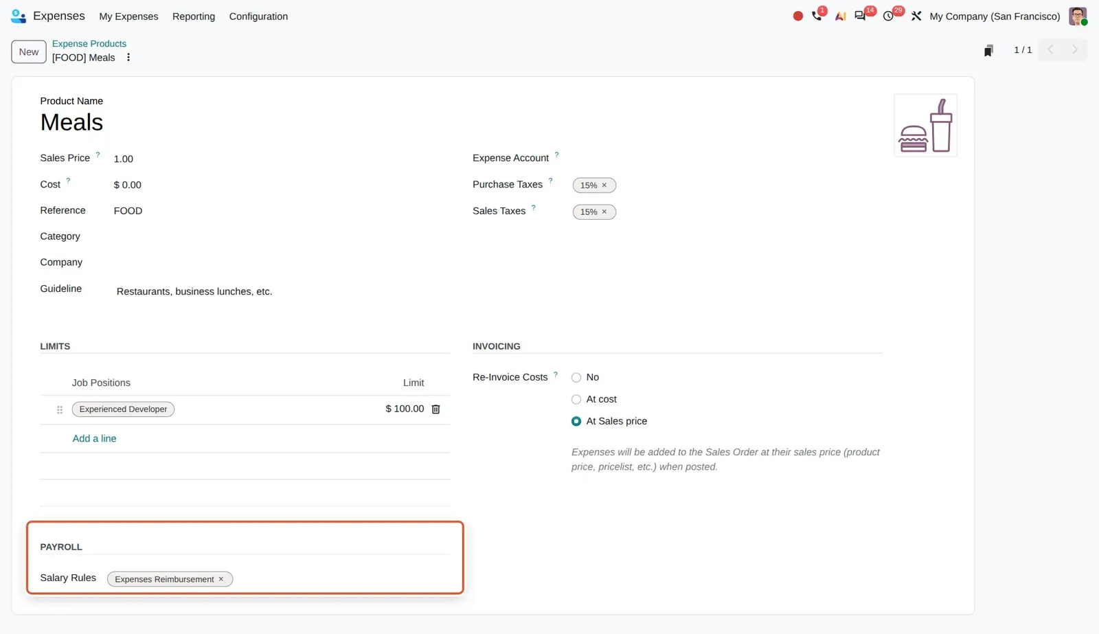 Odoo 20 Salary rules for expense products: The Payroll group on the expense category, with the salary rule used when this expense is paid through a payslip.