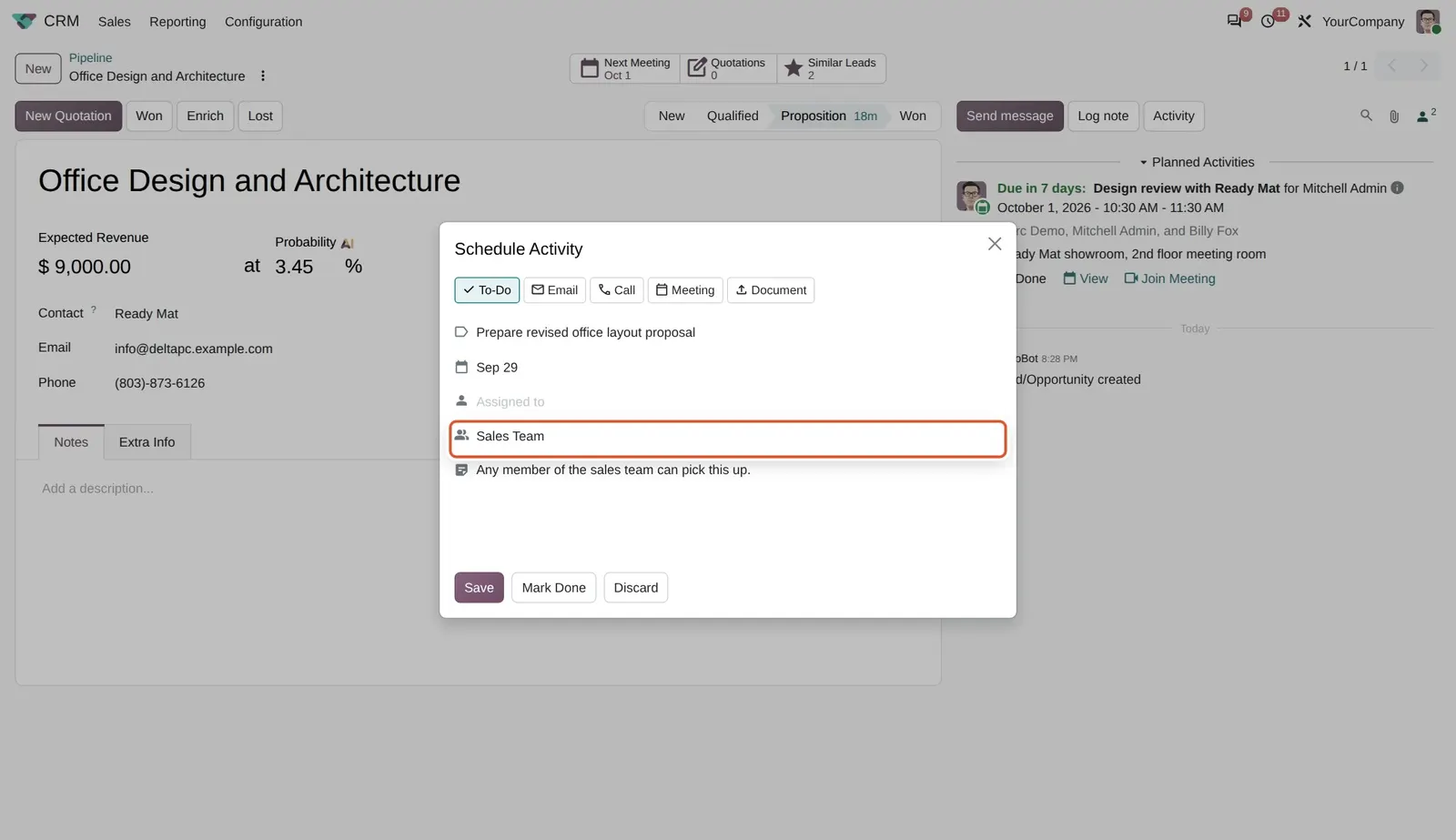 Odoo 20 Activities: The same popup with Assigned to left empty and the new Role row set to Sales Team. Any member of that role can claim the activity later from the chatter or the activity systray.