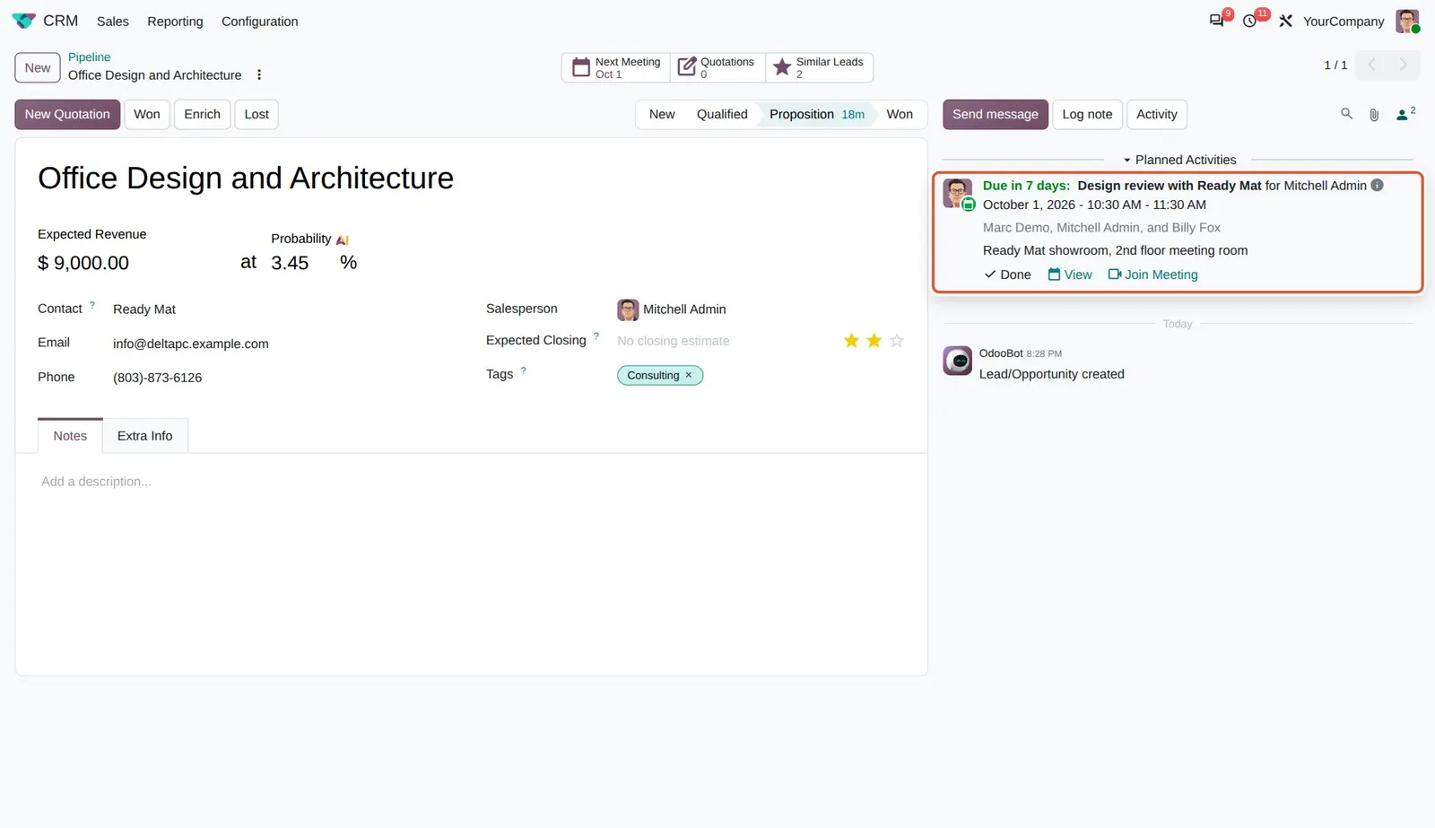 Odoo 20 Activities: A meeting activity in the chatter: date and time range, the three attendees, the location, then Done, View and Join Meeting. Odoo 19 showed only the summary and a Reschedule button here.