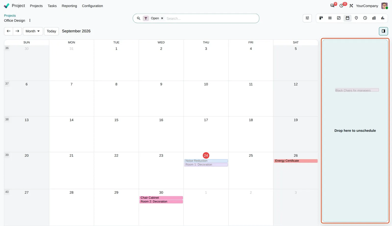 Odoo 20 Calendar view side panel: Captured mid-drag: the task "Black Chairs for managers" is being pulled off 19 September onto the side panel, which has turned into the Drop here to unschedule zone.