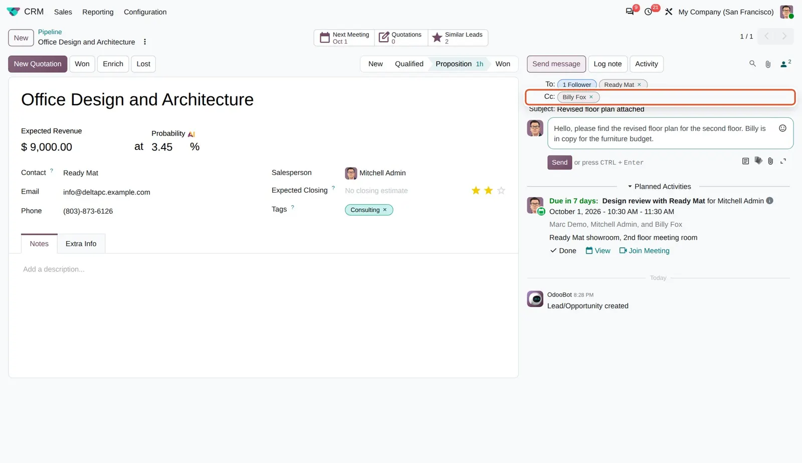 Odoo 20 CC email recipients: The composer with the new Cc line: Billy Fox is added in copy, while Ready Mat stays the main recipient.