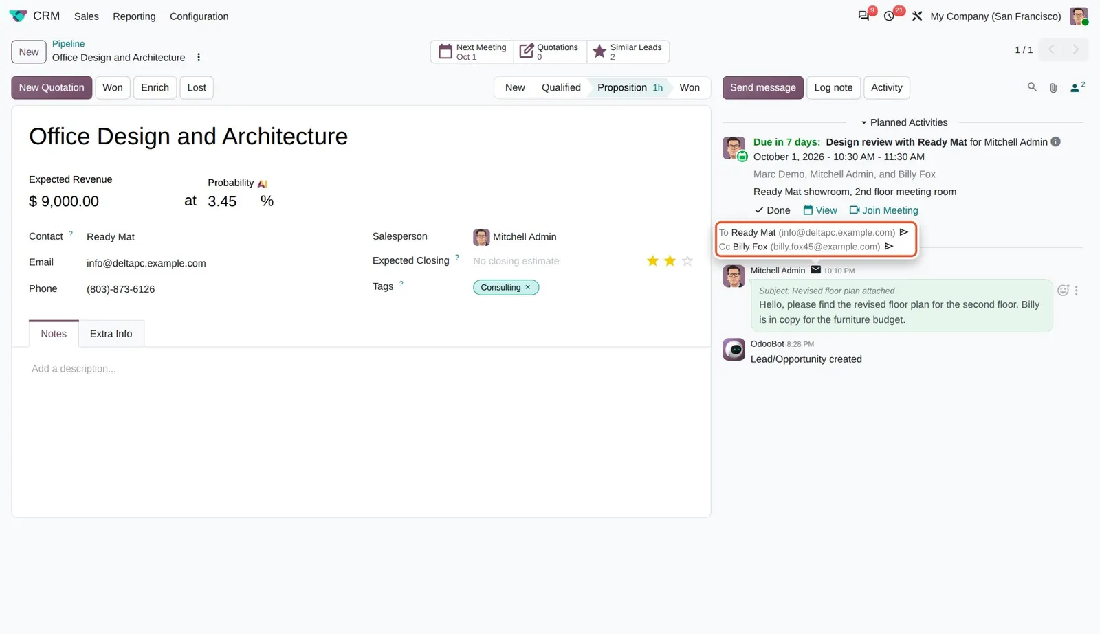 Odoo 20 CC email recipients: The sent email in the chatter now shows who received it: To Ready Mat and Cc Billy Fox, with their addresses.