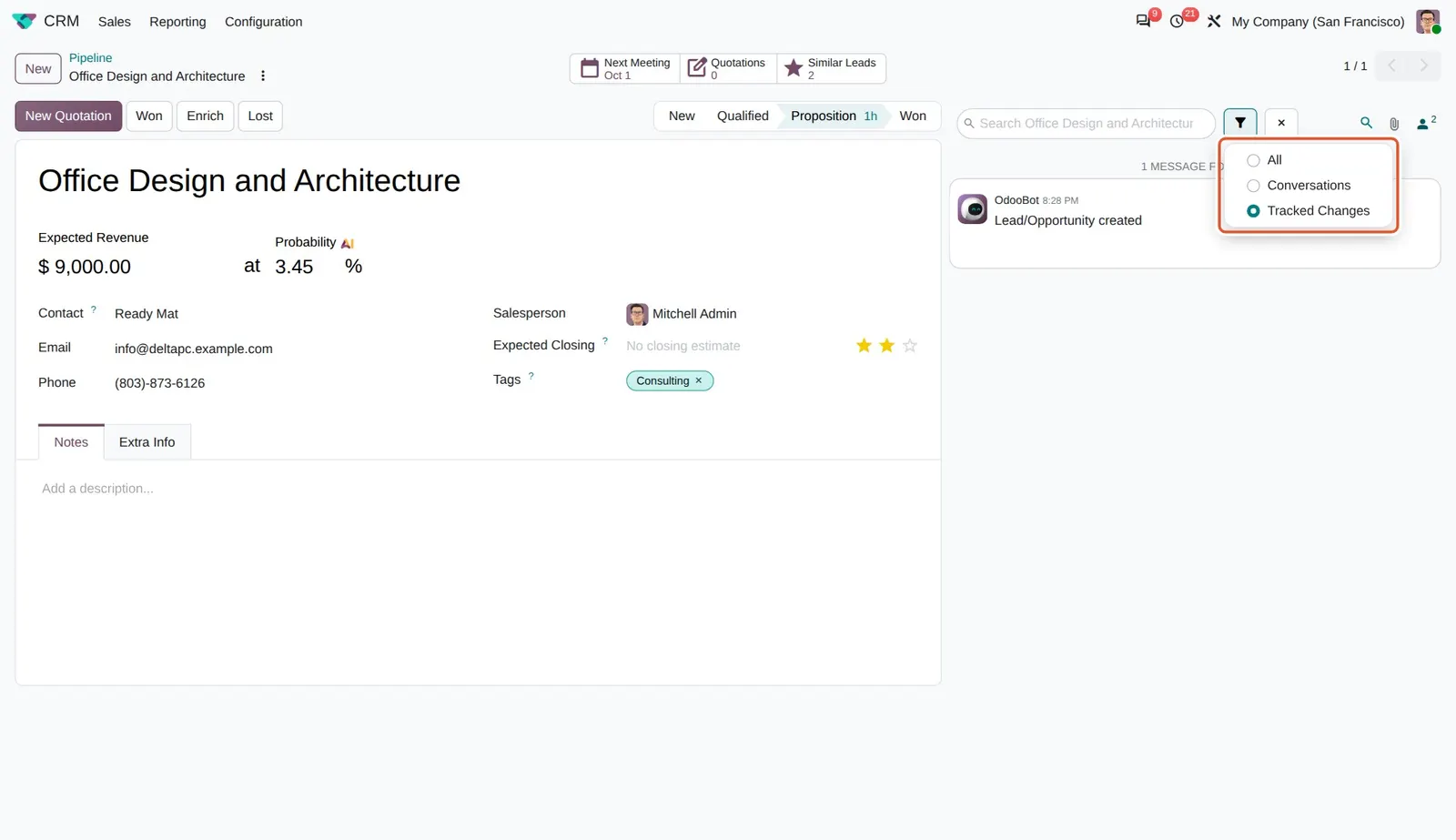 Odoo 20 Chatter filter: The chatter filter menu with All, Conversations and Tracked Changes. Tracked Changes is selected, so only the creation log is left.
