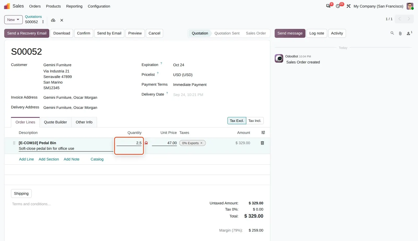 Odoo 20 Decimal separator: Typing 2,5 in the quantity on an English (US) user. Odoo reads it as 2.5.