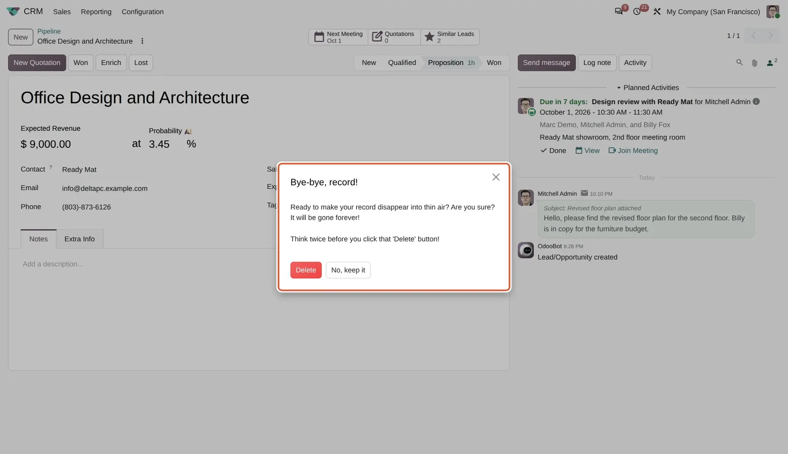 Odoo 20 Dialog design: The redesigned delete confirmation dialog, with its new title and the Delete and No, keep it buttons.