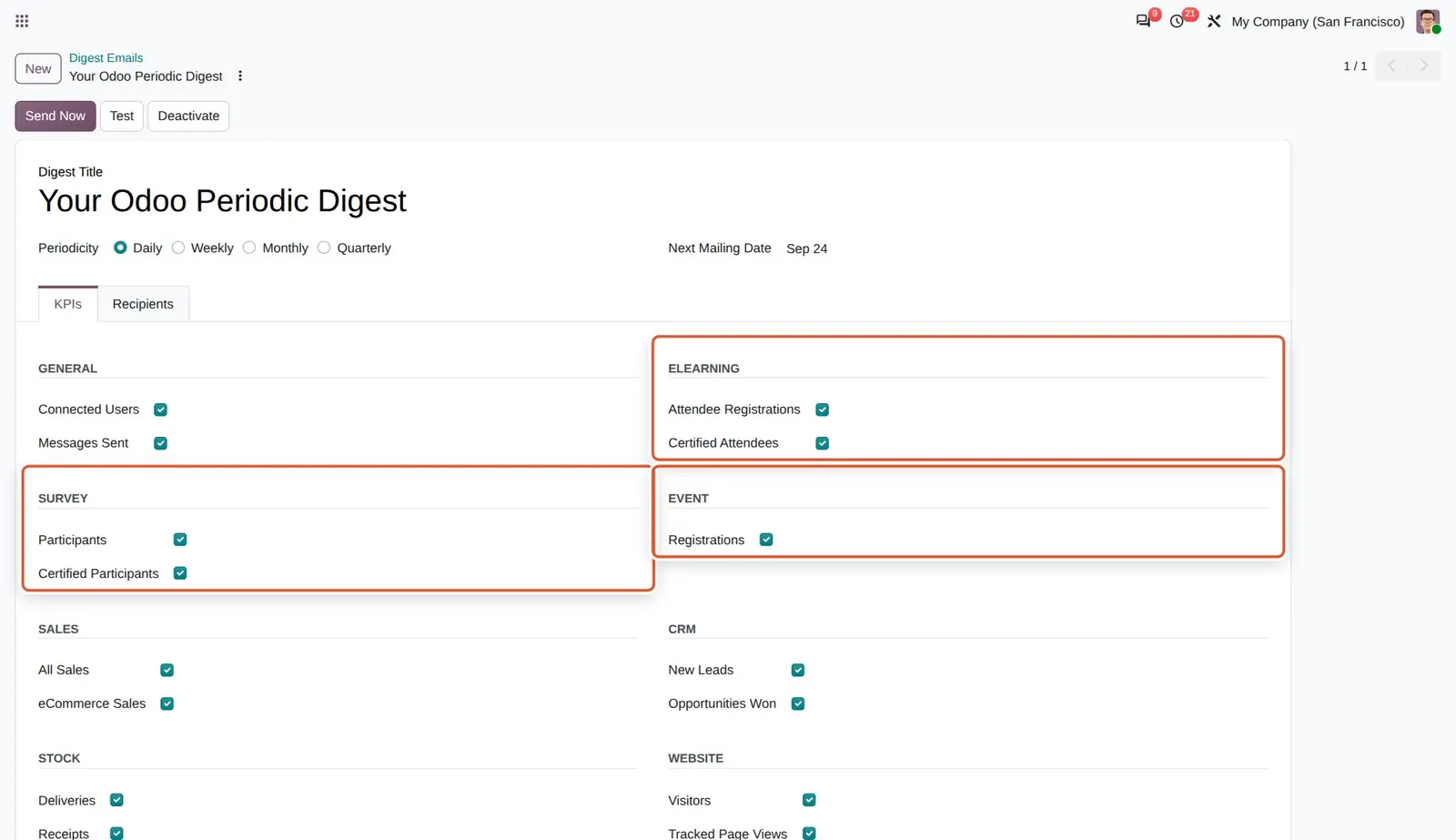 Odoo 20 Digest email KPIs: The KPIs tab of the digest. The boxed groups (eLearning, Survey, Events) are among the new KPIs in Odoo 20.