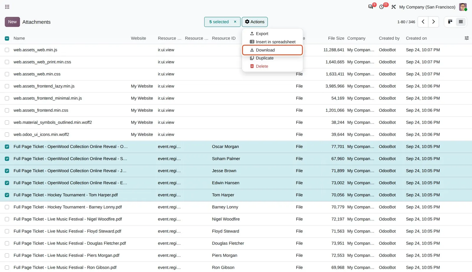 Odoo 20 Download attachments in bulk: Five event ticket PDFs from different registrations are selected; the new Download action is in the Actions menu.