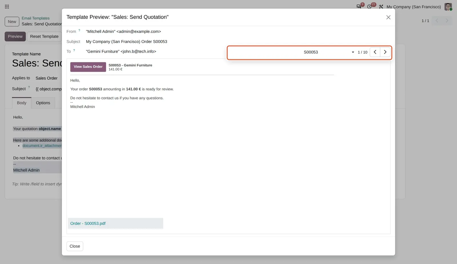 Odoo 20 Email template preview: The preview of "Sales: Send Quotation" with the new record selector: S00053, record 1 of 10, with previous and next arrows.