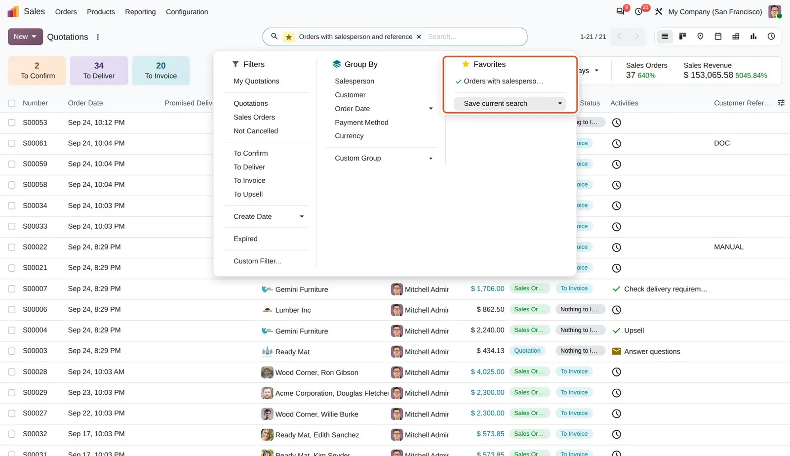 Odoo 20 Favorited searches: The Favorites area with the saved search. Opening it restores the visible columns, including Customer Reference on the right.